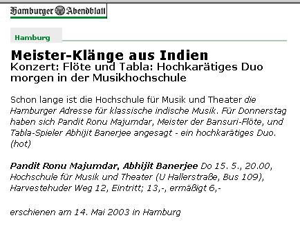 Artikel aus dem Hamburger Abendblatt vom 14. Mai 2003 zum Konzert (klassische indische Musik) von Pandit Ronu Majumdar (Bansuri) und Abhijit Banerjee (Tabla)