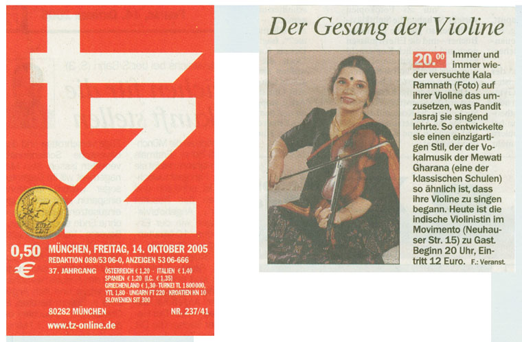Artikel aus der tz München vom 14. Oktober 2005 zum Konzert (klassische indische Musik) von Kala Ramnath (Violine) und Soumitrajit Chatterjee (Tabla)